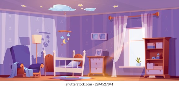 Nursery interior design with crib, toys and armchair. Cartoon vector illustration of baby room with bed, lamp, dresser, carpet on floor, photo frames on wall in purple color, morning light in window