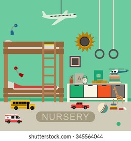 Nursery interior with furniture and toys. Vector banner of baby bedroom in flat style.