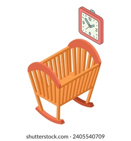 Nursery interior icon isometric vector. Square wall clock and wooden cradle icon. Children room, interior element