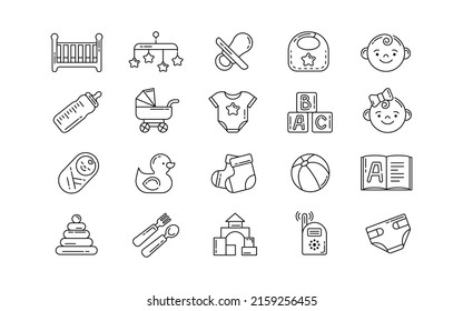 Nursery kid icon. Pictogram of linear newborn child. Diapers and carriage. Bed with carousel. Toddlers food or toys. Family health and childhood care. Infant faces. Vector line signs set