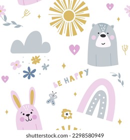 Nursery Kids Background with Bunny Bear Cloud Flowers Sun and Rainbow. Seamless Vector Pattern.