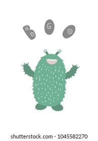 nursery kids Boo Podter with hand drawn grey lettering and green color cartoon monster boo happy