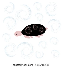 Nursery kids poster in Scandinavian style with sea animal turtle in pink black color. Baby print. Cartoon background. Ideal for interior kids room.