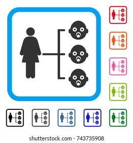 Nursery Kids Relations icon. Flat gray pictogram symbol in a blue rounded rectangular frame. Black, gray, green, blue, red, orange color variants of Nursery Kids Relations vector.