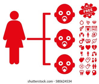 Nursery Kids Relations pictograph with bonus love images. Vector illustration style is flat iconic red symbols on white background.