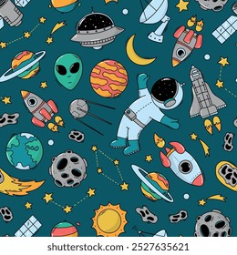 Nursery kids space doodles seamless pattern for wallpaper, stationary, textile prints, wrapping paper, backgrounds, digital paper, etc. EPS 10