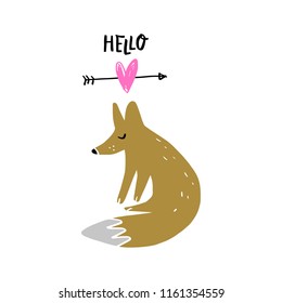 Nursery lettering poster and postcard with cute stylish fox. Vector, clipart