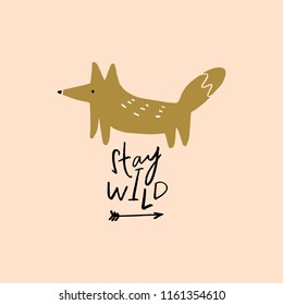 Nursery lettering poster and postcard with cute stylish fox. Vector, clipart