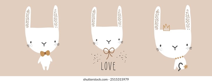 Nursery minimalistic rabbit bunny hare doodle portrait for childish apparel lovely print poster set with lettering love.