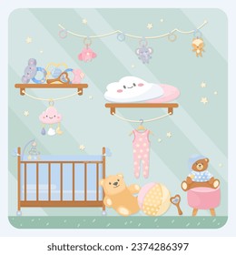 Nursery or newborn baby room interior vector illustration. Cartoon drawing of baby crib, cute toys and clothes on floor and shelves, colorful furniture. Baby care, childhood, interior concept