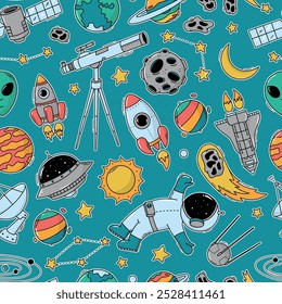 nursery outer space seamless pattern with cute doodles for wallpaper, scrapbooking, textile prints, stationery, wrapping paper, etc. EPS 10