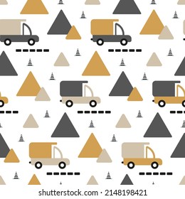 Nursery pattern with car - dump trucks scandinavian style on white background. Cute beige gray, black trucks drive city road to construction. Cartoon transport for seamless prints of baby boy fabric.