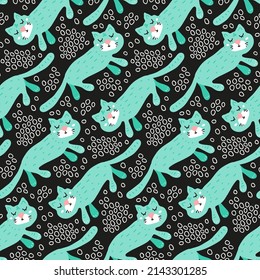 Nursery pattern with kitty. Wallpaper with cats for baby textiles, clothes, fabric.Black seamless print with blue green sleeping animals for children's backgrounds, backdrops. Cute hand drawn animals.