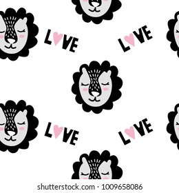 Nursery pattern with lions and word 'love' with pink heart for valentine day or different celebration