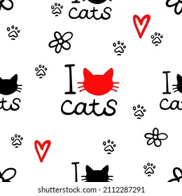 Nursery pattern with pet paw, i love cats, flower, heart. Seamless background for children room, wrapping paper. Cute cartoon kids design. Outline drawing logo minimal style.