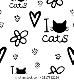 Nursery pattern with pet paw, i love cats, flower, heart. Seamless background for children room, wrapping paper. Black line sketch. Cute cartoon kids design. Outline drawing logo minimal style.