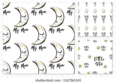 Nursery pattern set. Mini collection of 3 hand drawn seamless pattern for baby goods. Modern scandinavian style, simple and minimalist giraffe, star on sky and texts.
