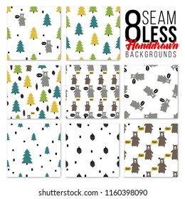 Nursery patterns set. Collection of 8 scandinavian seamless patterns for child room. Trees and bears background.