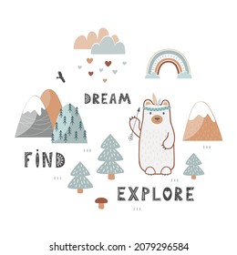 Nursery playing mat design in Scandinavian style. Cute kids poster, rug or tapestry with mountains, trees, and bear. Dream, Find, and Explore concept, vector illustration.