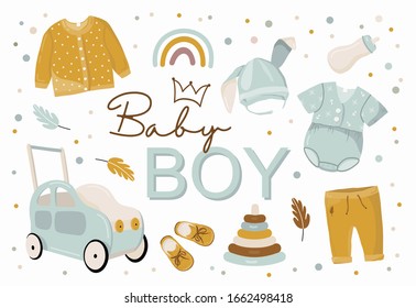 Nursery poster for baby boy room, apparel, toys, rainbow and quote. Hand drawn vector illustration for prints, cards, t-shirts.