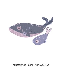 Nursery poster with cute animal, kids wall art with whales, mom and baby. Sea inhabitants. Children print, pastel colors. Isolated on white background