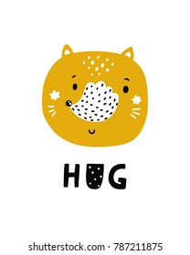 Nursery poster with cute animal, scandinavian style. Fox and hand lettering Hug