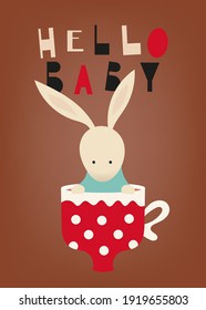 Nursery poster. Cute bunny peeking out of a tea cup. Lettering Hello baby. Kids vector illustration for nursery wall art.