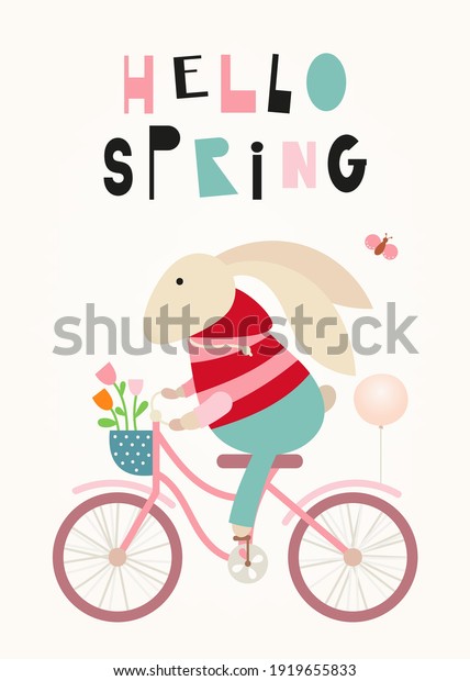 Nursery poster. Cute bunny nursery poster cute bunny\
rides a bike. Lettering Hello spring. Kids vector illustration for\
nursery wall art.