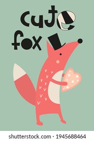 Nursery poster. Cute fox in top hat. Lettering Cute fox. Kids vector illustration for nursery wall art.