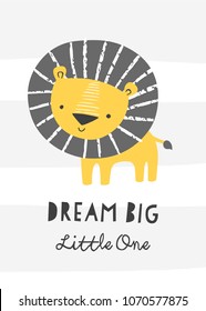 Nursery poster with cute lion. Dream big little one. Vector printable print, scandinavian style, black and white, yellow. 