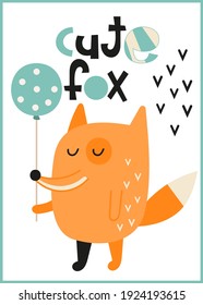 Nursery poster. Funny foxes nursery poster little fox with a ball. Lettering Cute fox. Kids vector illustration for nursery wall art.