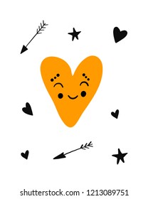 Nursery poster with hand drawn funny character heart with shapes arrows. Vector printable print, scandinavian style, Yellow and black colors. Ideal for kids design. White background.