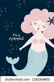 Nursery poster with Mermaid and magical  lettering phrase Girl printable art sea world collection