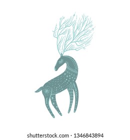 Nursery poster with ornate animal, deer wall art with fancy horns. Forest inhabitant. Children print. Isolated