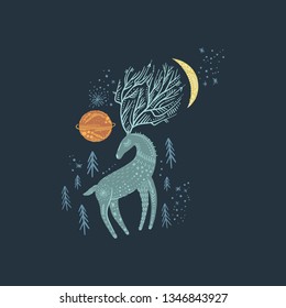 Nursery poster with ornate animal, deer wall art with night space elements. Forest inhabitant. Children print