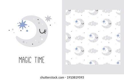 Nursery poster and pattern with cute moon, clouds and stars. Magic time. Kids galaxy print
