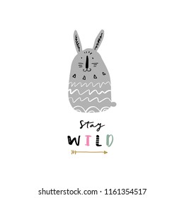 Nursery poster and postcard with bunny, lettering. Vector, clipart