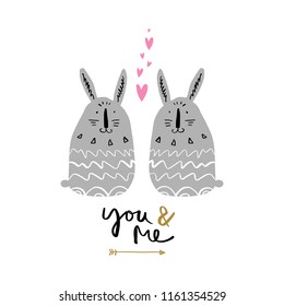 Nursery poster and postcard with bunny, lettering. Vector, clipart