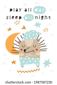 Nursery poster prints kids wall art. Baby animal prints cute hedgehog sleeping on white background. Vector illustration.