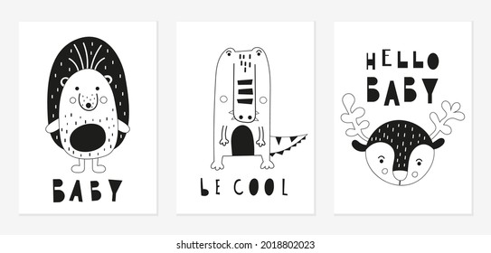 Nursery poster prints kids wall art. Woodland animals alligator, deer, hedgehog. Black and white kids prints set. Vector illustration.
