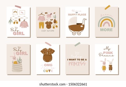 Nursery posters for baby room, apparel, toys, rainbow and quote. Hand drawn vector illustration for prints, cards, t-shirts.