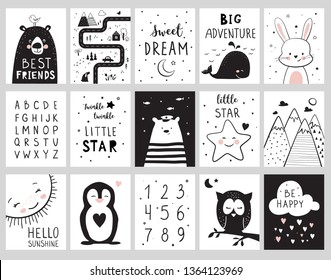 Nursery Posters For Baby Room, Cute Animals, Alphabet And Quotes. Hand Drawn Vector Illustration For Prints, Cards, T-shirts. 