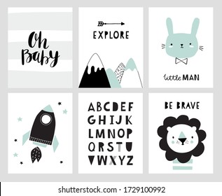 Nursery posters for baby room, cute animals, alphabet and quotes in scandinavian style. Hand drawn vector illustration for prints, cards, apparel.