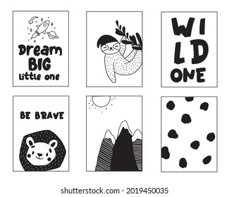 Nursery posters for baby rooms. Hand drawn illustration for prints. Vector isolated on white background.