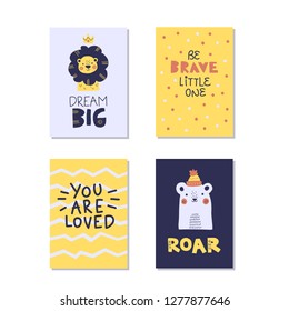 Nursery posters set, greeting cards with bear and lion, inspiring quotes for children, baby t-shirt prints in blue and yellow
