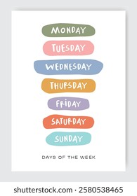 Nursery preschool kindergarten printable educational colorful wall poster with 7 seven days of the week for early learning in warm earth bright palette and hand-written childish font