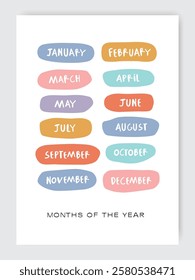 Nursery preschool kindergarten printable educational colorful wall poster with 12 twelve months of the year for early learning in warm earth bright palette and hand-written childish font