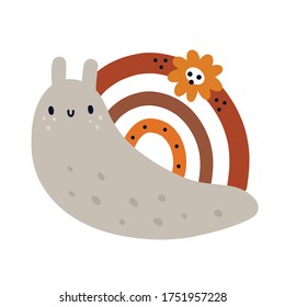 Nursery print with cute baby snail and rainbow isolated on white background. Kids illustration in doodle style. Ideal for kids room decoration, kid clothing, poster, card