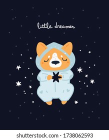 Nursery print with cute dog. Corgi puppy sleepy. Childish print with cute baby animal. Ideal for poster, card, baby clothing, wall art, kids room decoration. Vector illustration in flat style