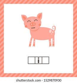 Nursery print cute funny pink pig isolated on white background. Vector illustration. Educational logic game for preschool and school age. Guess the word.